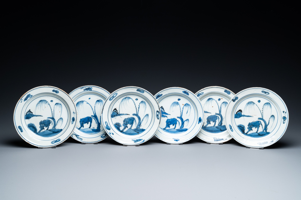 Six Chinese blue and white ko-sometsuke 'ox' plates for the Japanese market, late Ming