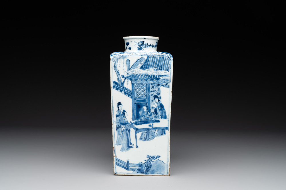A Chinese blue and white square bottle with figural design, Kangxi