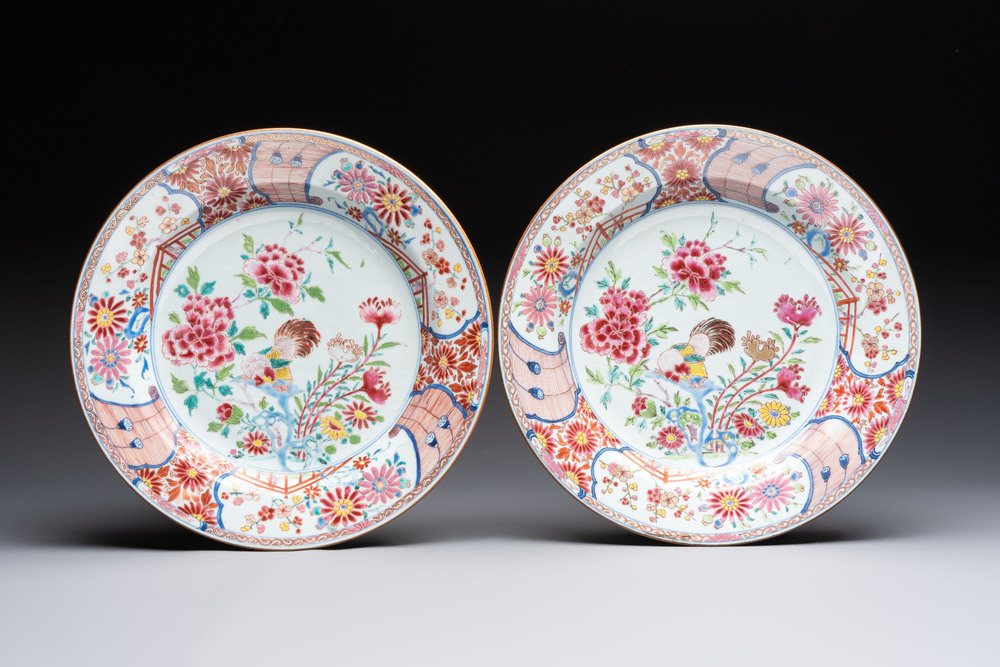 A pair of Chinese famille rose 'rooster' dishes, Yongzheng