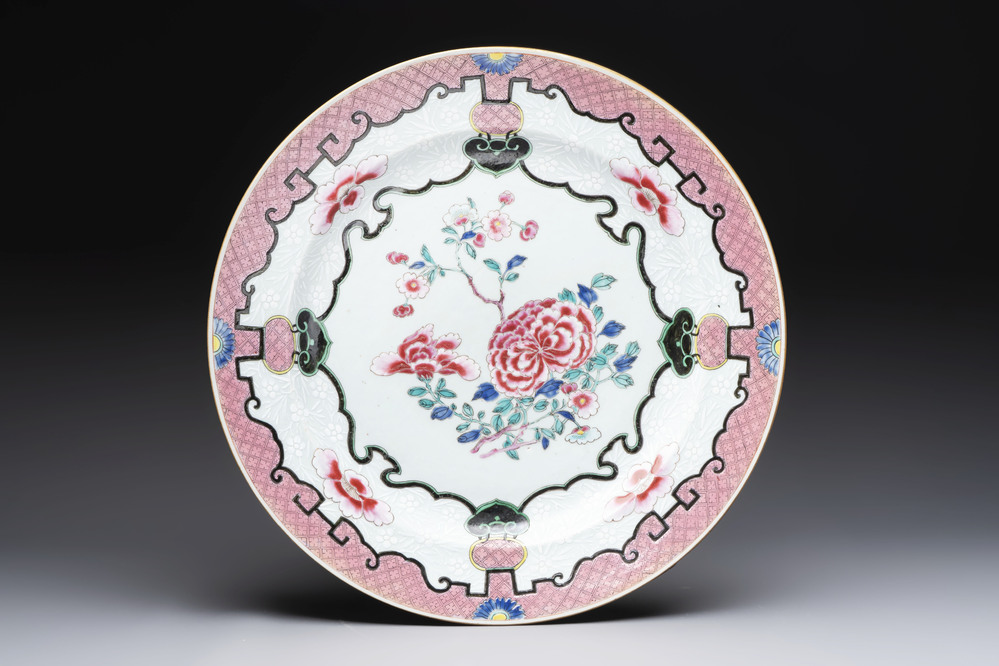 A large Chinese famille rose bianco-sopra-bianco 'peonies' dish, Yongzheng