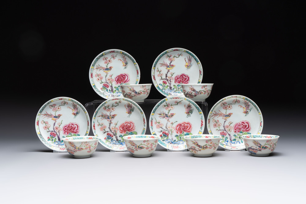 A set of six Chinese famille rose 'birds among flowering branches' cups and saucers, Yongzheng/Qianlong