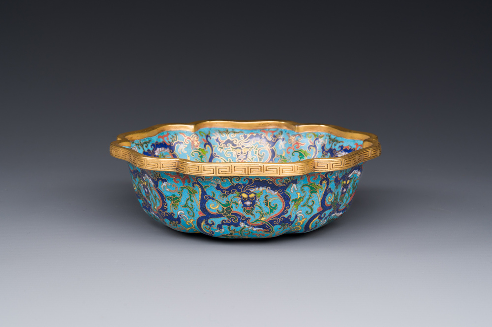 A Chinese flower-shaped cloisonn&eacute; 'dragon' bowl, Qianlong