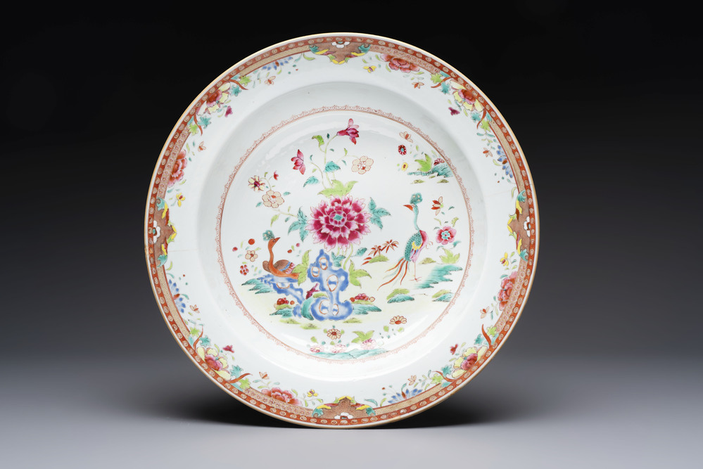 A large Chinese famille rose 'peacocks' basin, Qianlong, ca. 1760 - 1770