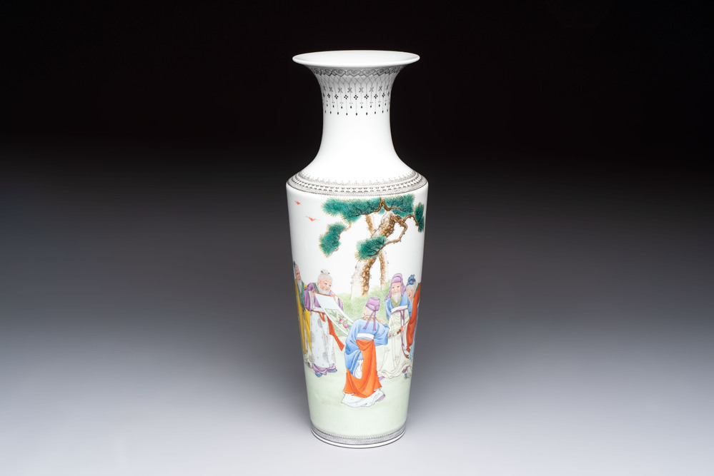 A Chinese famille rose 'Sanxing' vase, Qianlong mark, 20th C.