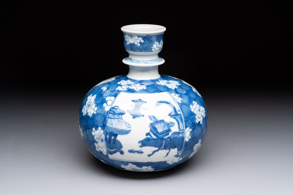 A Chinese blue and white 'antiquities' hookah base, Kangxi