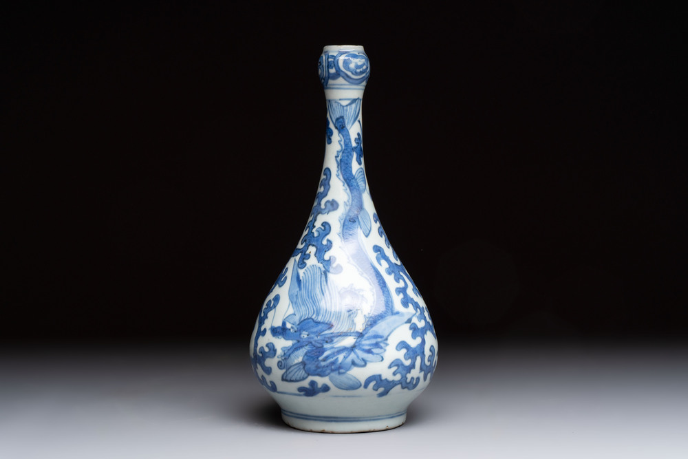 A Chinese blue and white 'winged dragon' garlic-mouth vase, Wanli