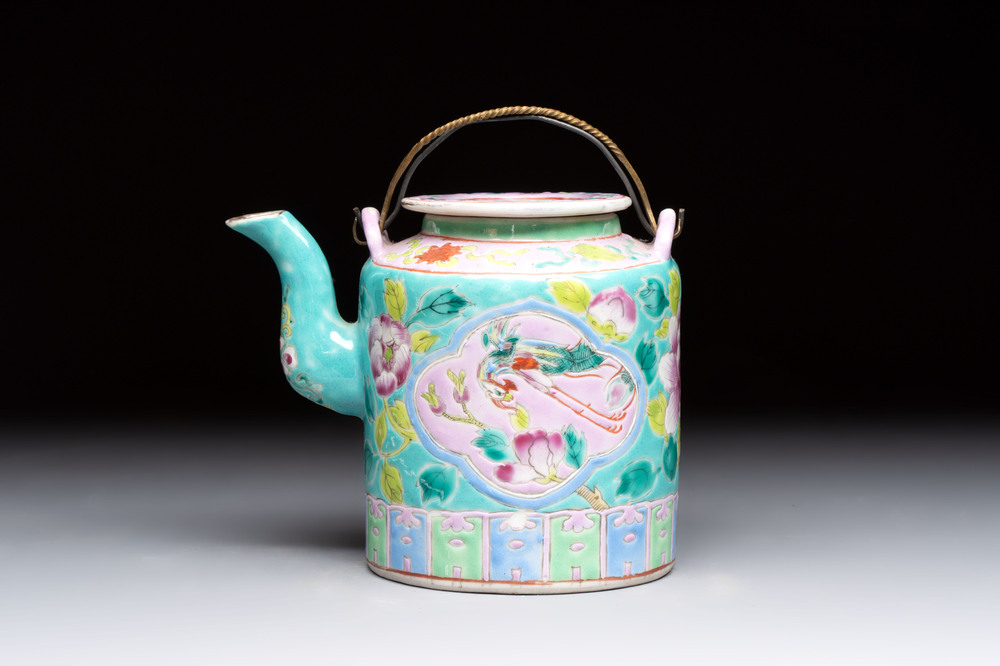 A Chinese famille rose turquoise-ground teapot for the Straits or Peranakan market, Zhong Hua Min Guo 中華民國 mark, Republic.