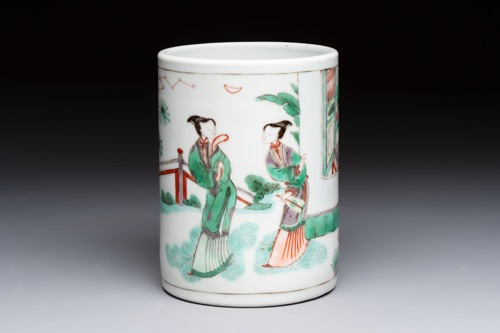 A Chinese famille verte 'Xi Xiang Ji' brush pot, Xue Gu Zhai 學古齋 mark, 19th C.