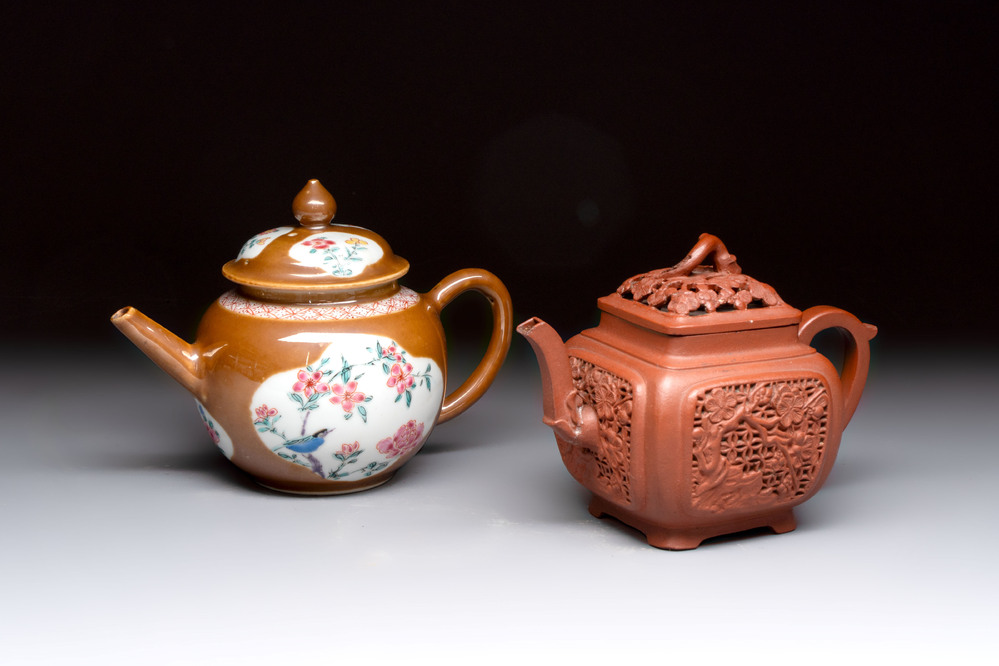 A Chinese famille rose capucin-brown-ground teapot and a Yixing stoneware teapot, Kangxi/Qianlong