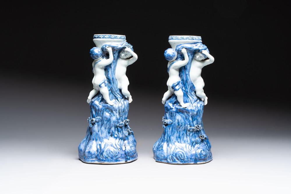 A pair of Chinese blue and white stands after Meissen example, Qianlong