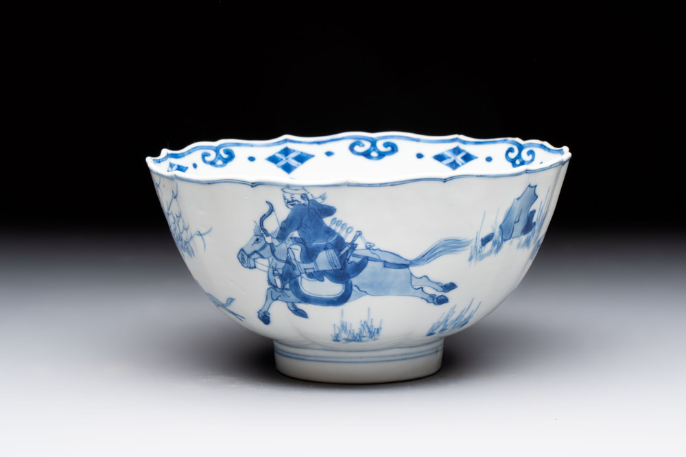 A Chinese blue and white 'Mongolian hunting scene' bowl, Chenghua mark, Kangxi