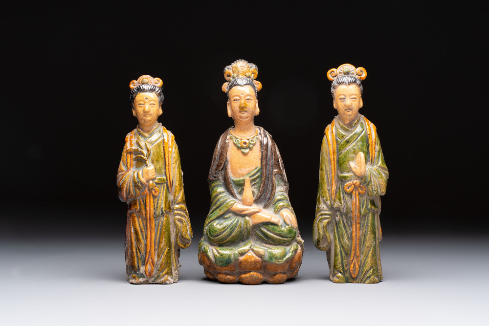 Three Chinese sancai-glazed figures of deities, Ming