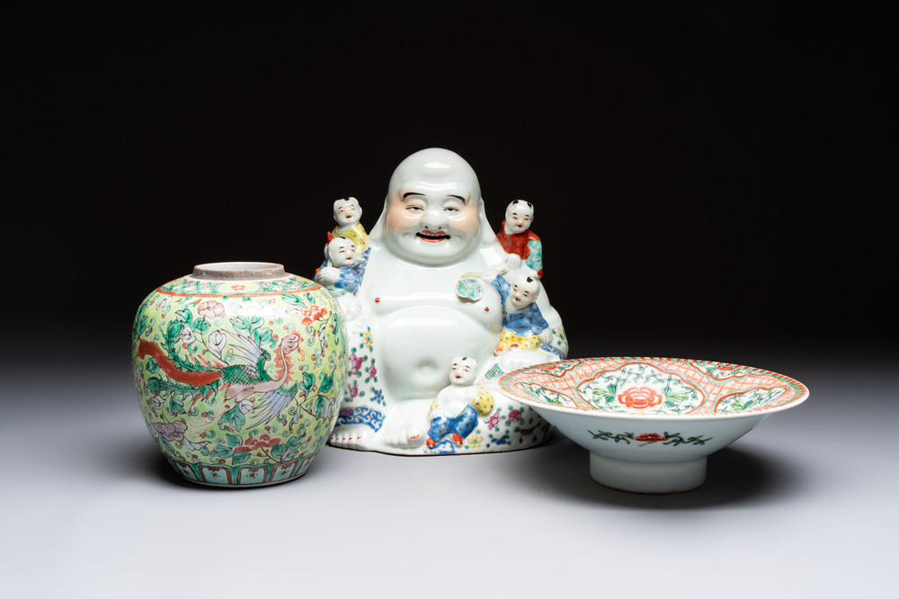 A Chinese famille rose Milefo Buddha, a famille verte jar, and a conical bowl, Zhu Mao Ji 朱茂記造 mark, 19/20th C.