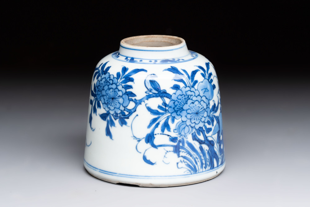 A Chinese blue and white bell-shaped water pot with birds among flowering branches, Kangxi