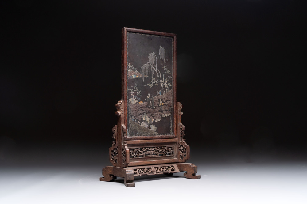 A Chinese laque burgaut&eacute; and hongmu table screen, Qing