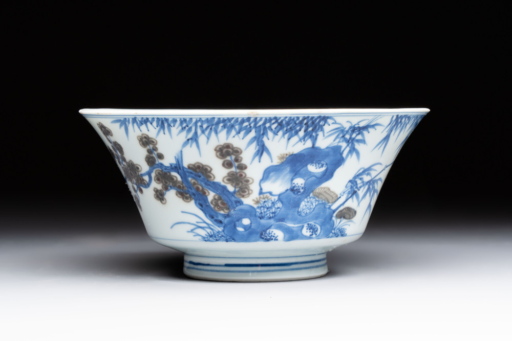 A Chinese blue, white and copper-red conical bowl, Qianlong mark and of the period
