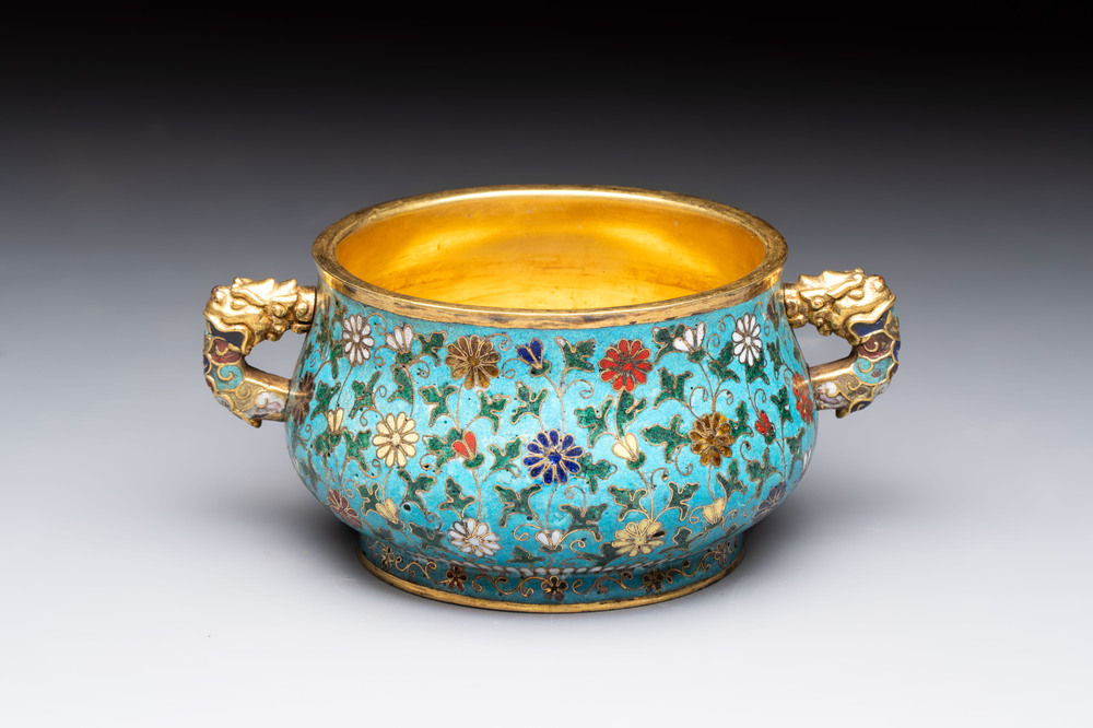A Chinese gilt-bronze cloisonn&eacute; censer with floral design, double vajra mark, 19/20th C.