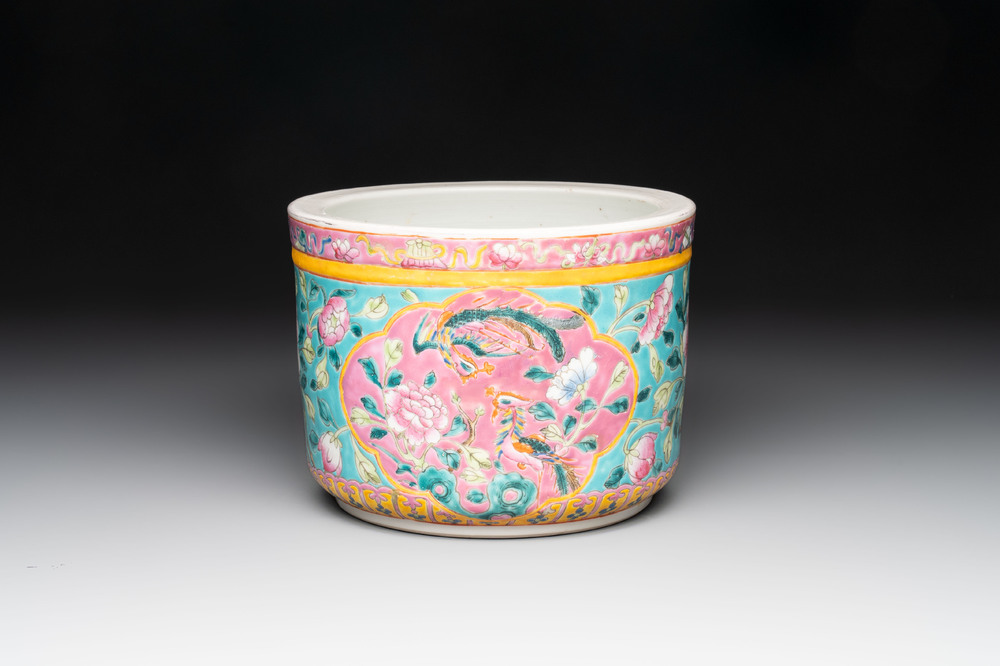 A Chinese famille rose turquoise-ground jardini&egrave;re for the Straits or Peranakan market, 19th C.