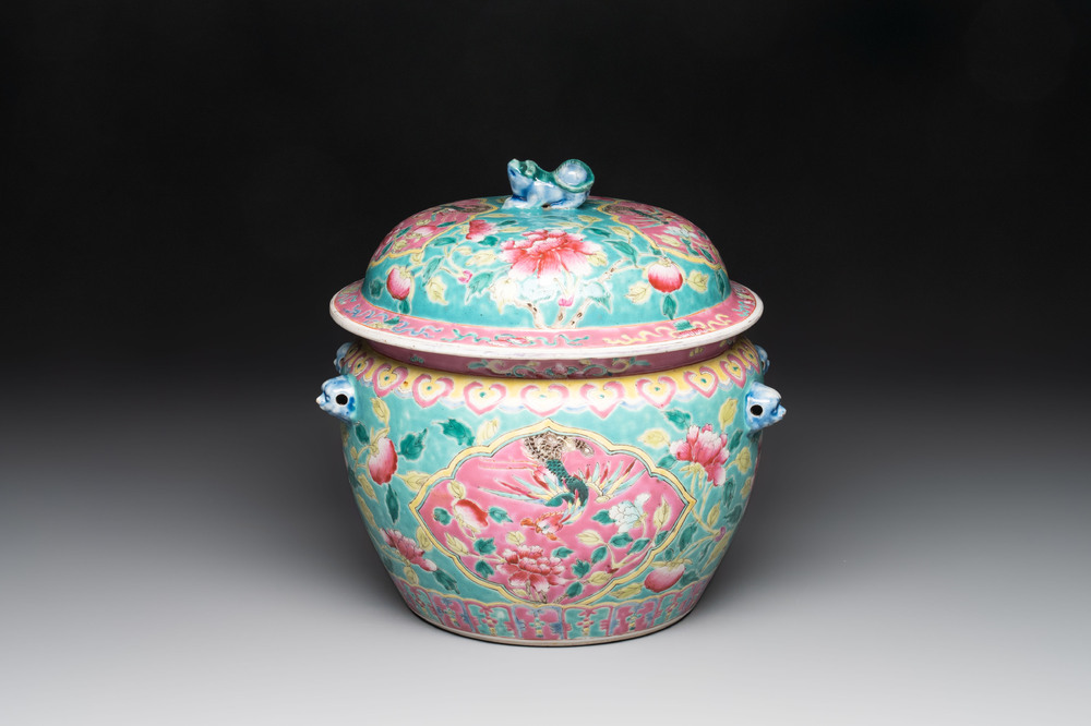 A Chinese famille rose turquoise-ground 'kamcheng' bowl and cover for the Straits or Peranakan market, 19th C.