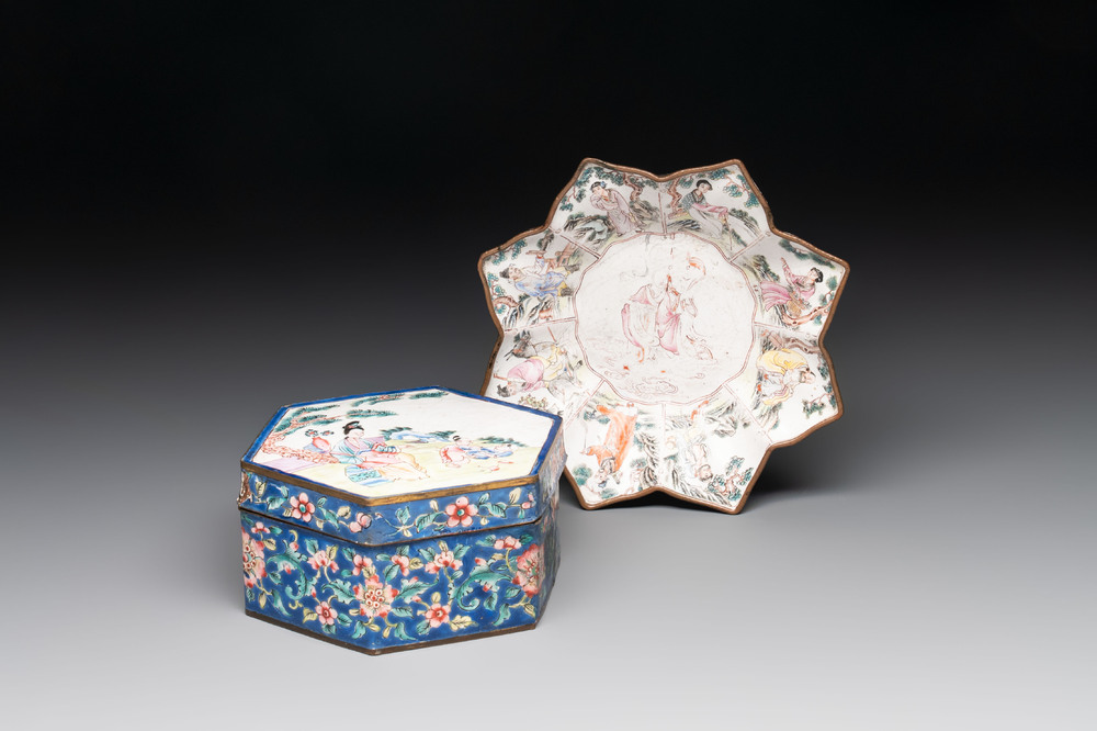 A Chinese Canton enamel 'Eight Immortals' star-shaped plate and a covered box, Qing