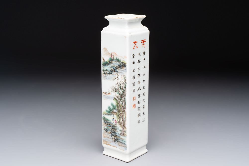 A Chinese famille rose 'landscape and calligraphy' square vase, Shen De Tang Zhi 慎德堂製 mark, Republic