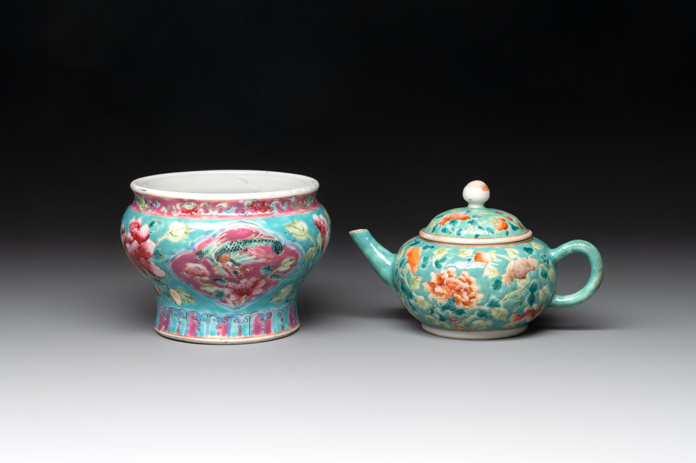 A Chinese famille rose bowl and a teapot for the Straits or Peranakan market, 19th C.