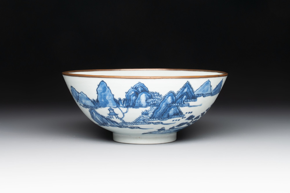 A Chinese blue and white 'Bleu de Hue' bowl with the Hai Van mountains for the Vietnamese market, Thanh Ngoan mark for Nguyen Phuc Chu, Kangxi