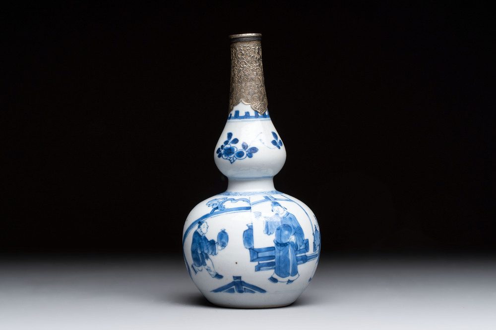 A Chinese blue and white silver-mounted double-gourd 'Li Bai' vase, Kangxi