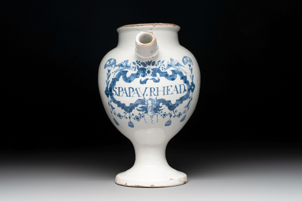 A blue and white Brussels faience drug or syrup jar, inscribed 'S.PAPAV.RHEAD.', ca 1700