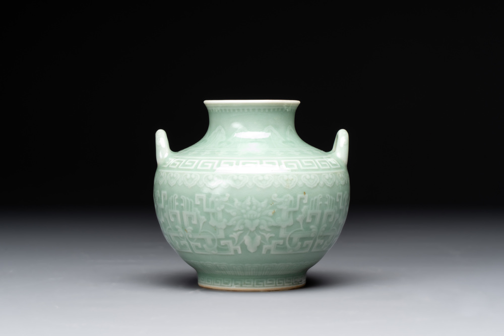 A Chinese archaistic celadon-glazed 'chilong' vase, Qianlong mark, 20th C.