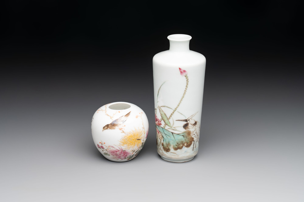 A Chinese famille rose vase and a small jar, signed Bi Botao 毕伯涛, dated 1935 and 1936