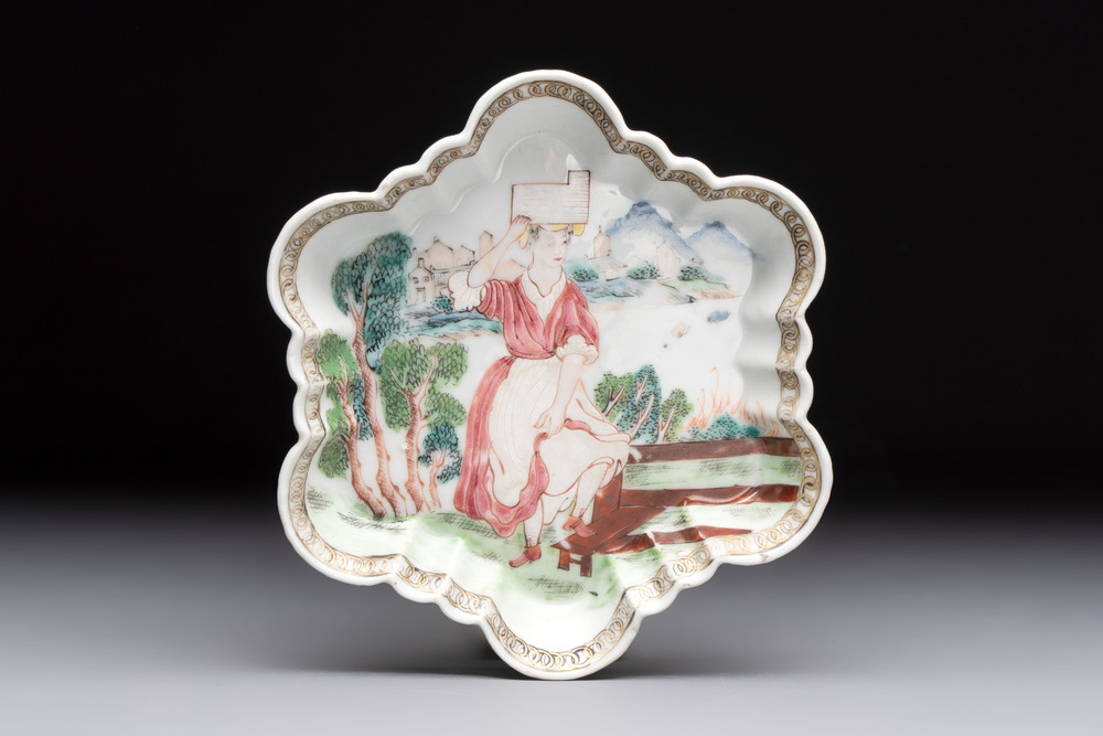 A Chinese famille rose semi-erotic 'milkmaid' pattipan or teapot stand, Qianlong, ca. 1740