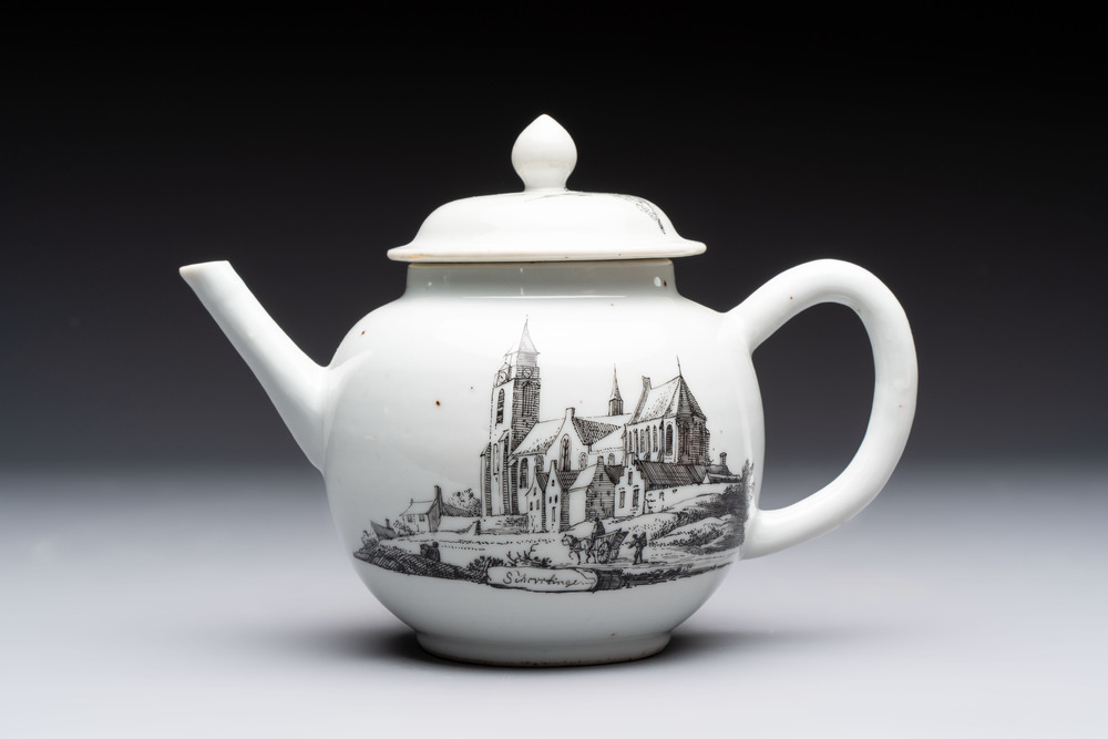 A Chinese grisaille 'Scheveningen, Workum and Voorschoote' teapot, Qianlong