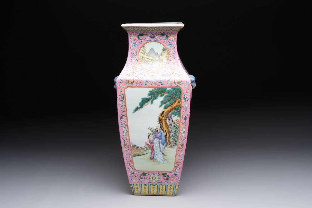 A Chinese famille rose pink-ground vase with figural design, Qianlong mark, 19/20th C.