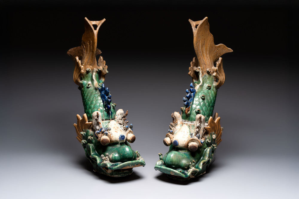 A pair of large Chinese polychrome-glazed fish-form roof tiles, 19th C.