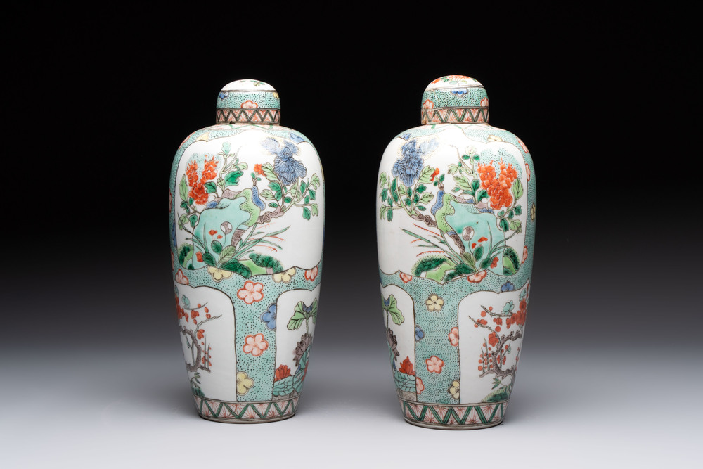 A pair of famille verte-style ovoid jars and covers, Samson, Paris, 19th C.