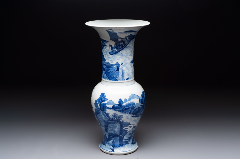 A Chinese blue and white 'riverscape' 'yenyen' vase, 19th C.