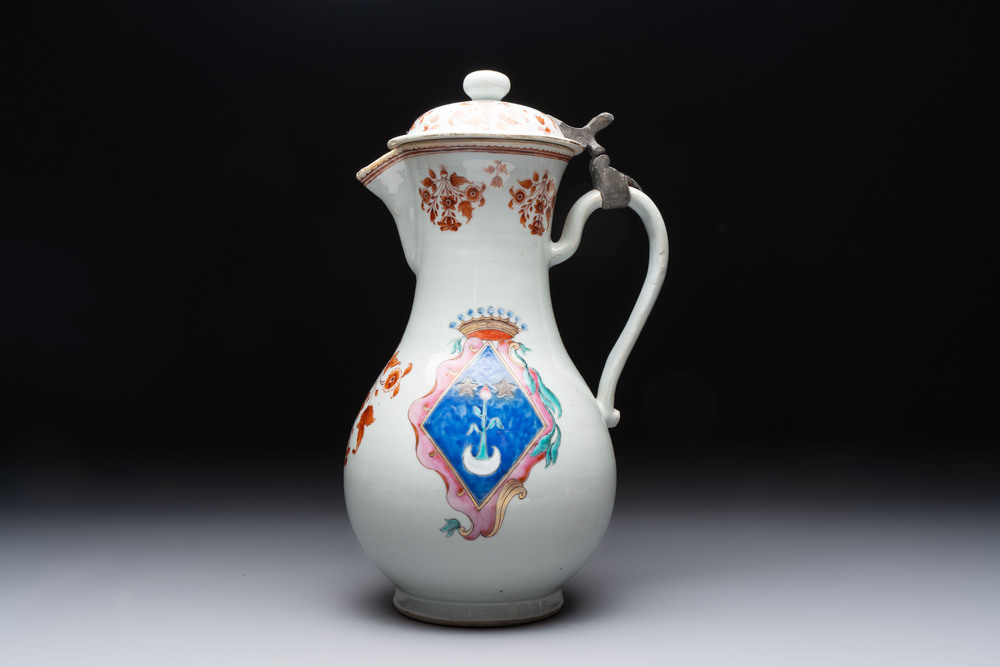 A massive Chinese famille rose armorial ewer with the arms of Faverolles for the French market, Qianlong, ca. 1765