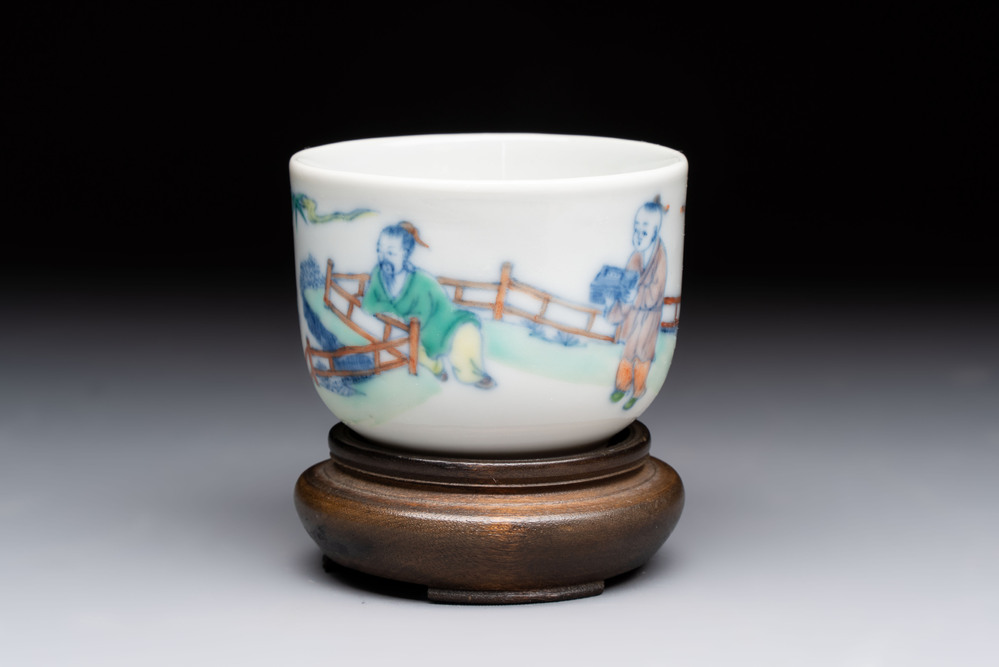 A Chinese doucai 'Zhou Dunyi 周敦颐' cup on wooden stand, Xianfeng mark and of the period