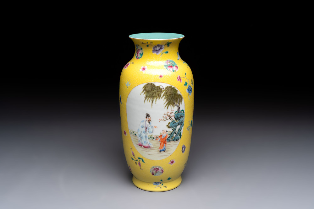 A Chinese famille rose yellow-ground sgraffiato vase, Qianlong mark, Republic