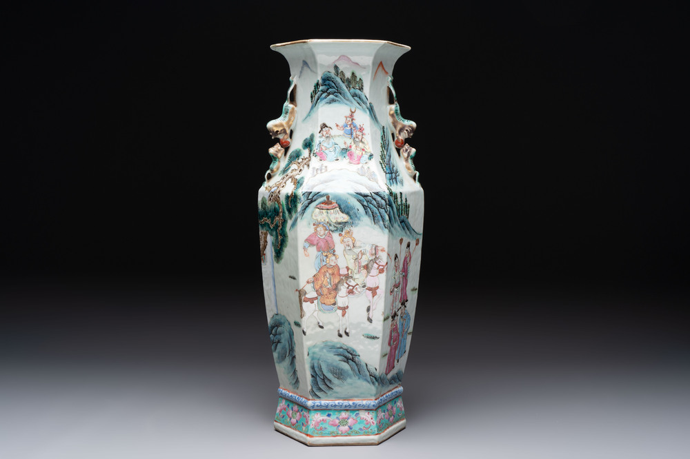 A Chinese Canton famille rose hexagonal vase with narrative design, 19th C.