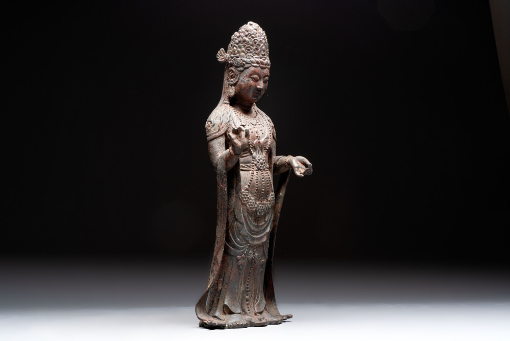 A fine and large Chinese bronze standing Buddha, Liao/Jin