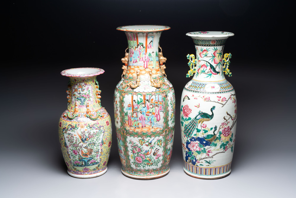 A Chinese famille rose vase and two Canton famille rose vases, 19/20th C.