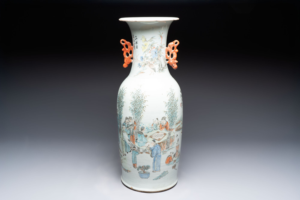 A Chinese qianjiang cai 'Zhu Lin Qi Xian 竹林七賢' vase, signed Wang Zhaoli 汪照黎, dated 1908