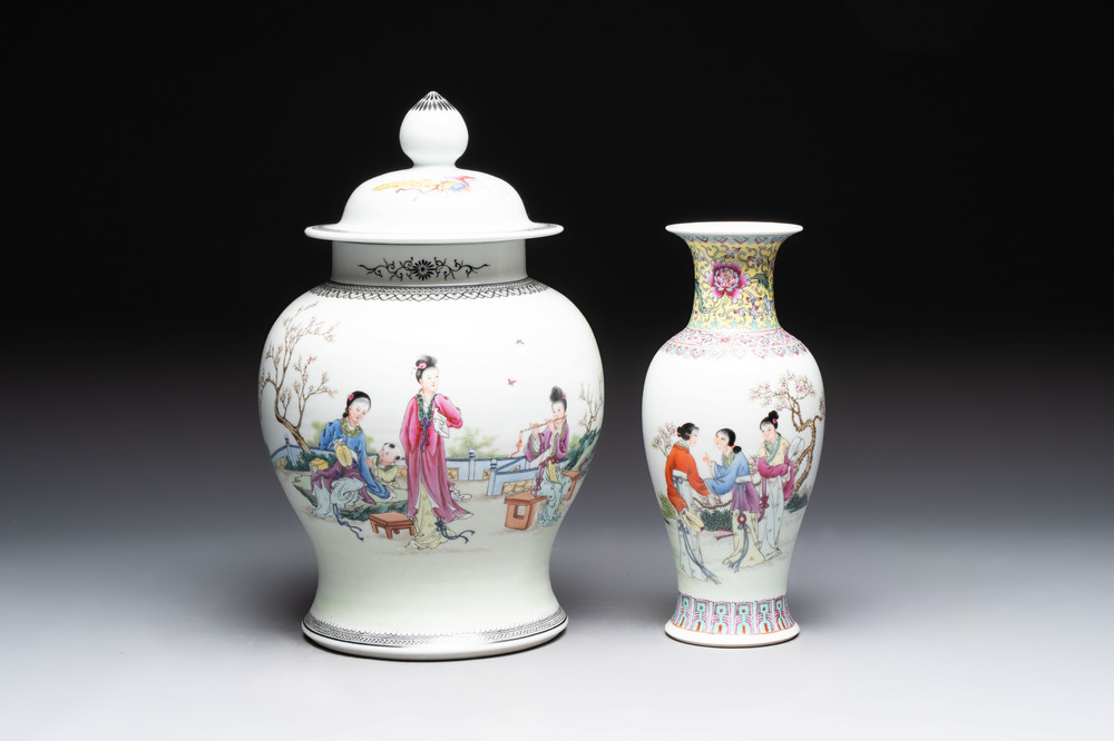 A Chinese famille rose covered vase and baluster vase, Qianlong marks, 20th C.