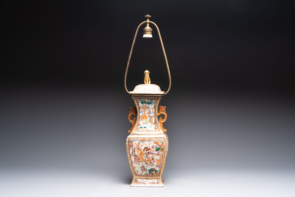A Chinese Canton gilt famille rose covered vase with mandarin design, mounted as a lamp, Qianlong