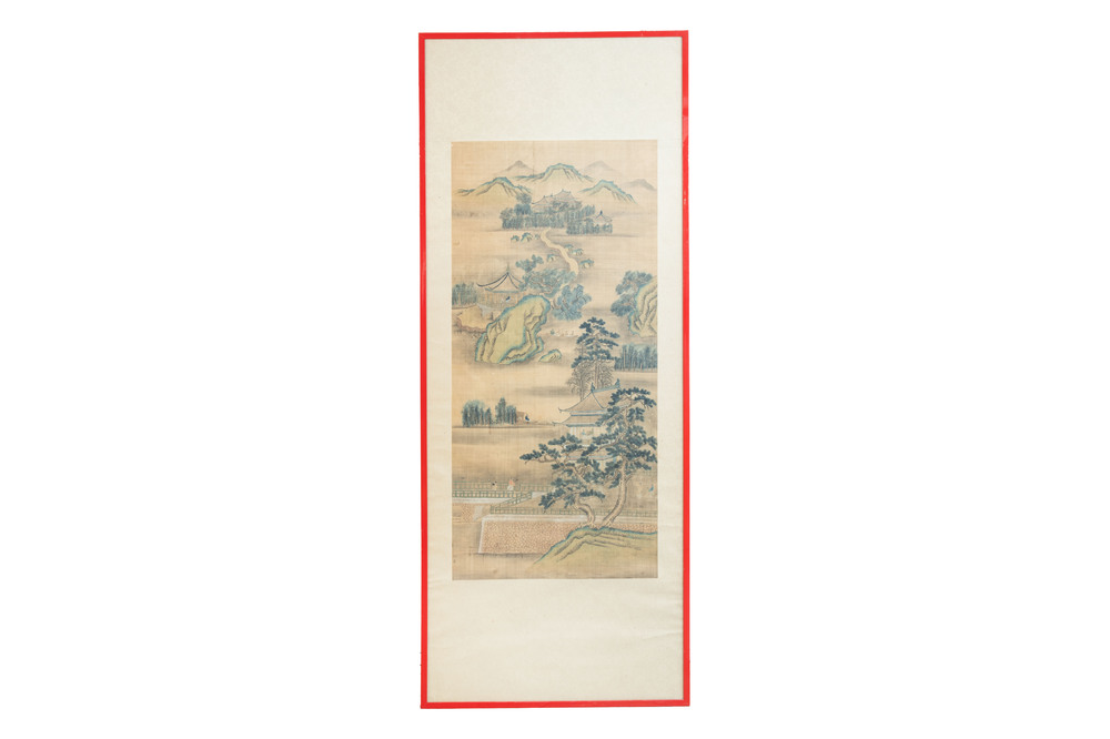 In the manner of Qiu Ying 仇英 (1494-1552): 'Mountainous landscape', ink and colour on silk, 19/20th C.