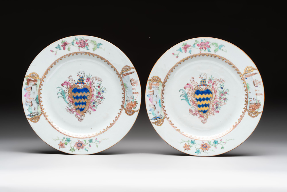 A pair of Chinese famille rose armorial soup plates with the arms of Longden for the English market, Qianlong, ca. 1748