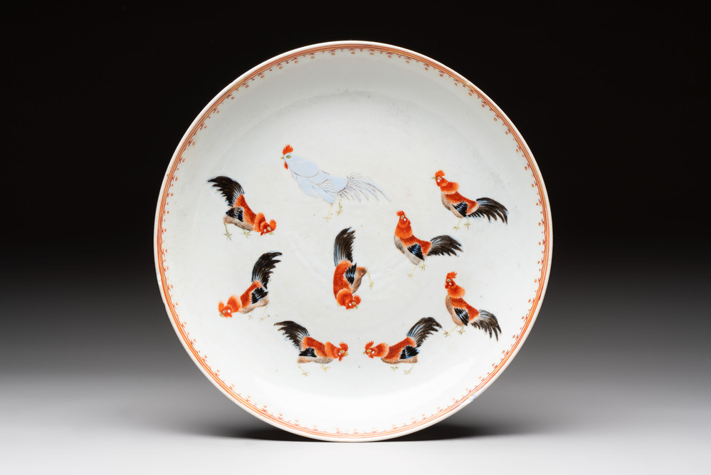 A rare Chinese polychrome enamelled 'roosters' dish, Qianlong