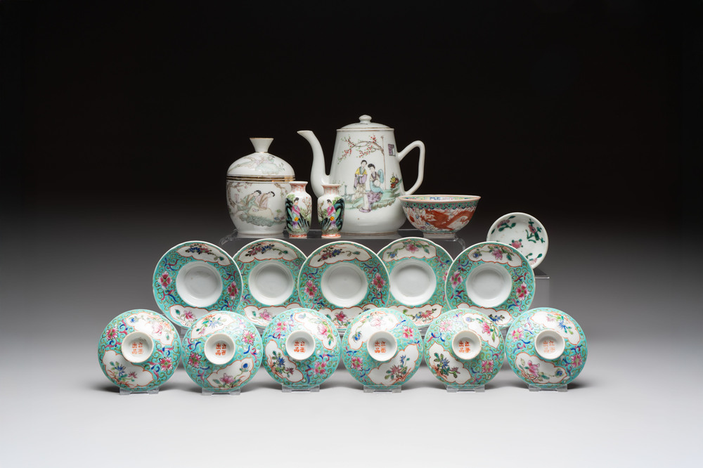 A group of 17 Chinese famille rose wares, Guangxu, Jiangxi Chupin 江西出品, Xu Fumao 徐福茂 marks, 19/20th C.